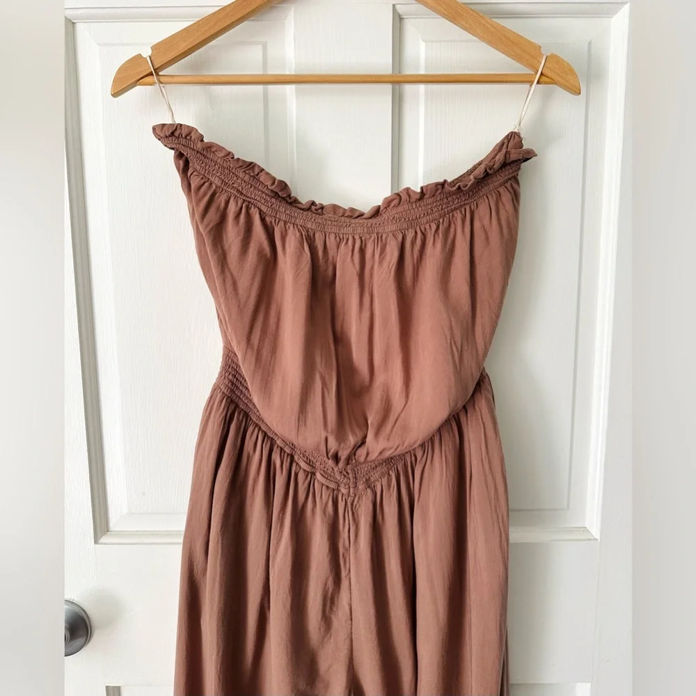 Wilfred Aritzia Masson Wide Leg Cropped Jumpsuit Strapless Nutmeg Brown Size M